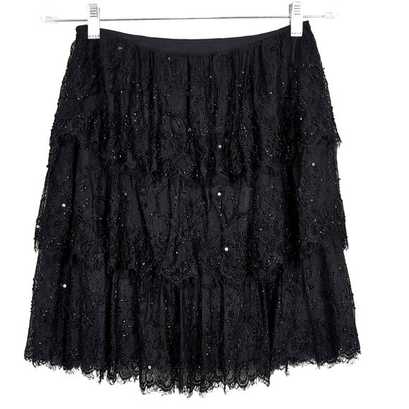Mary Bays Black Beaded Lace black Skirt Sz 4 Tiered Fringe Hem Party Evening - Picture 2 of 10